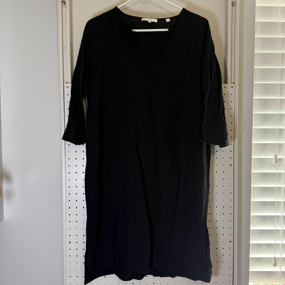 Vince Tunic Dress Women's Size Small Black Viscose Linen Blend V-Neck‎ Classic